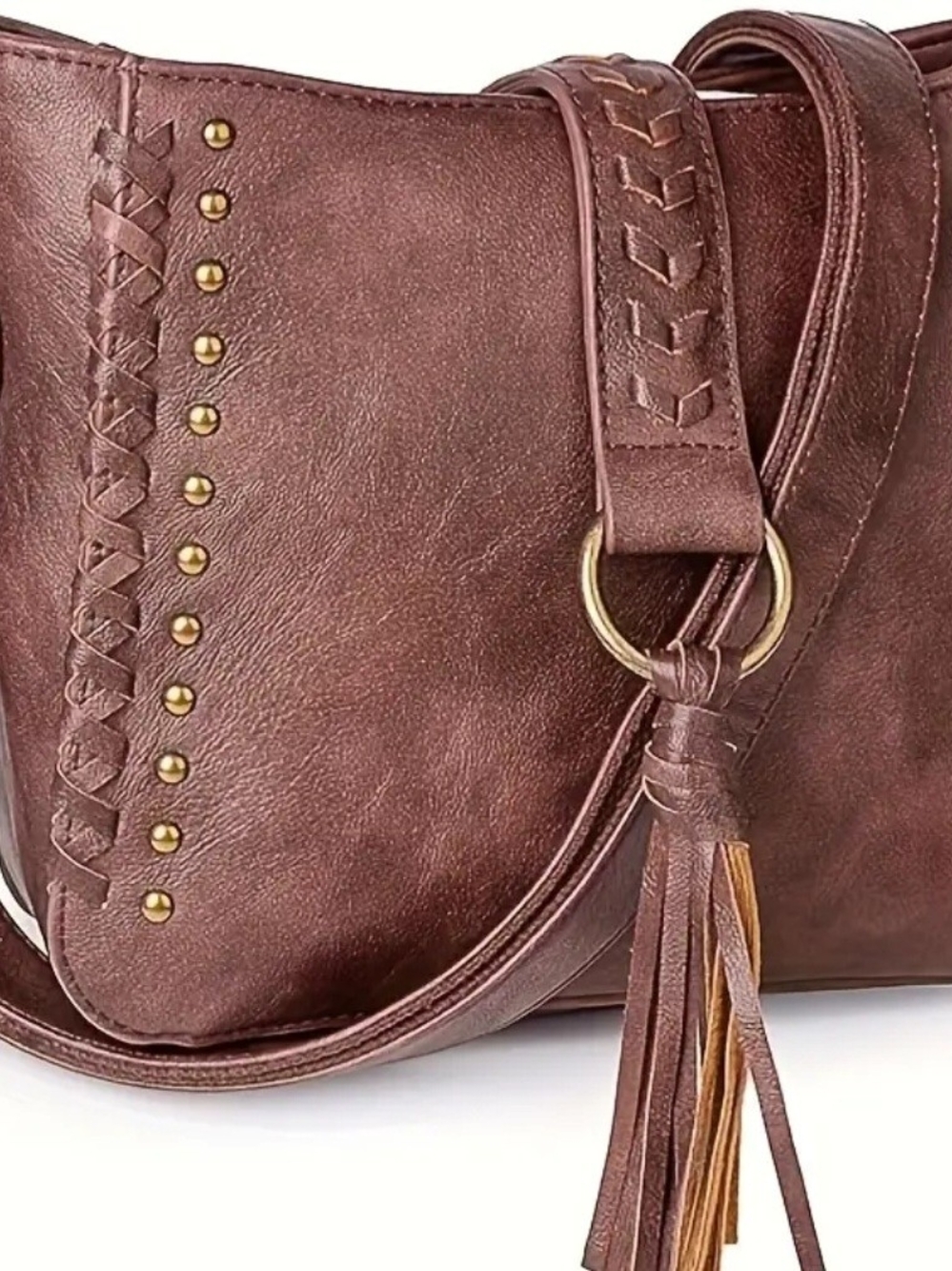Montana West Brown Leather Shoulder Bag with Braided Trim and Tassel
